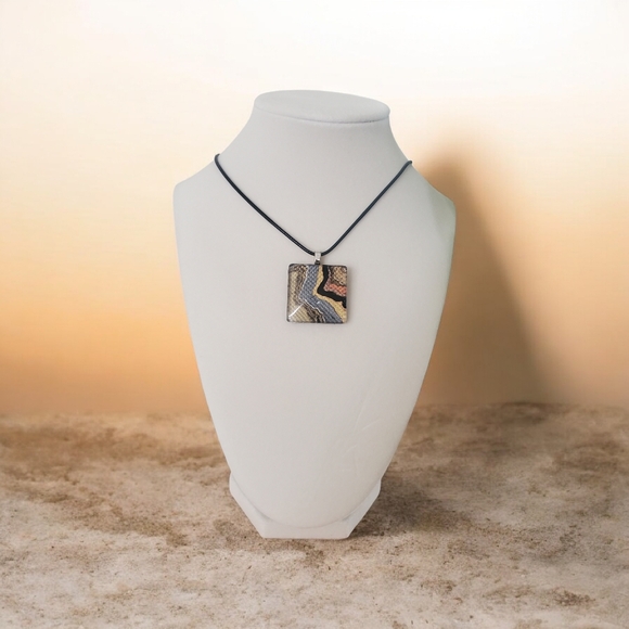 Handmade Abstract Art Pendant • Leather Base • Glass Cabochon Necklace - Picture 3 of 9